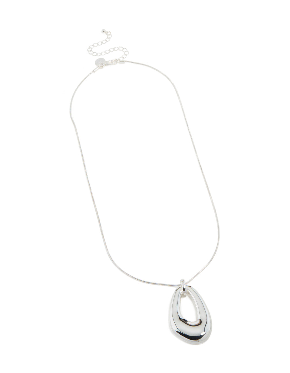 Featuring a long organic pendant necklace with plated material in a polished finish front view