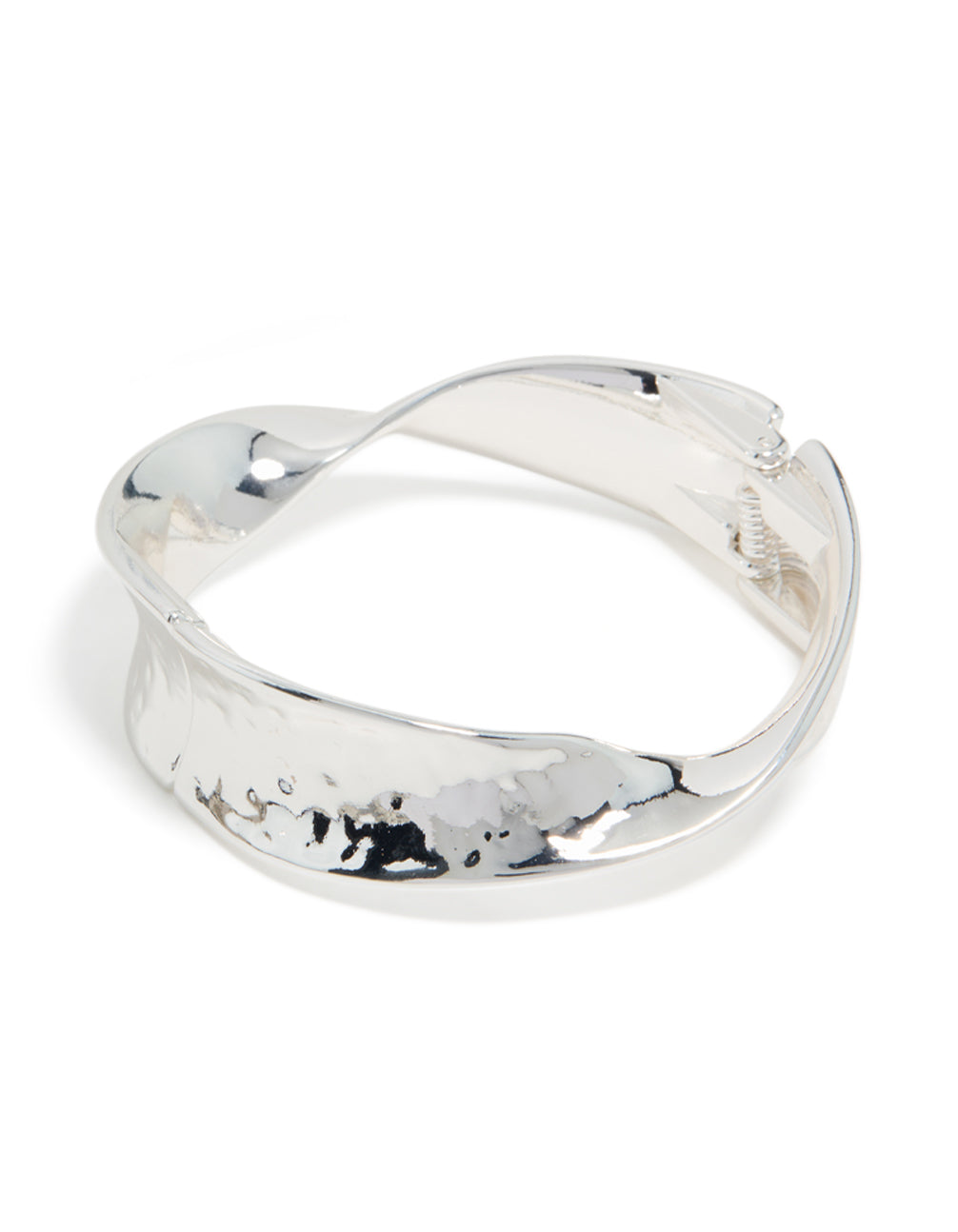 Elegant silver plated hammered twist hinged bangle front view