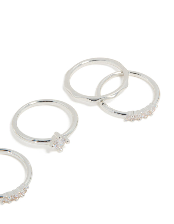Designed with silver plated wavy and cubic zirconia detail rings 5-pack featuring solitaire stone cut in crystal side detail view