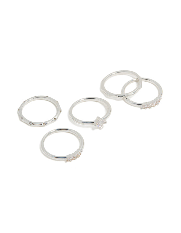 Featuring silver plated wavy and cubic zirconia detail rings 5-pack with solitaire stone cut in crystal front view