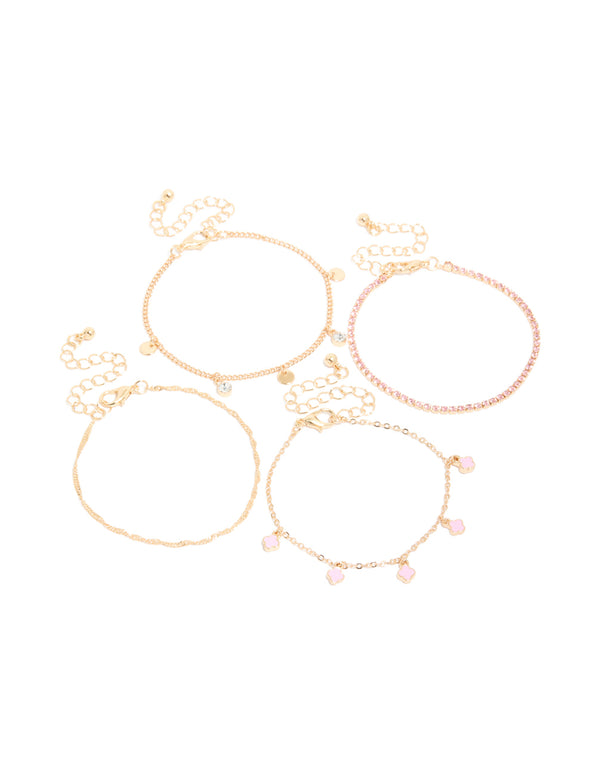Gold Pink Beaded & Flower Charm Bracelets 4-Pack