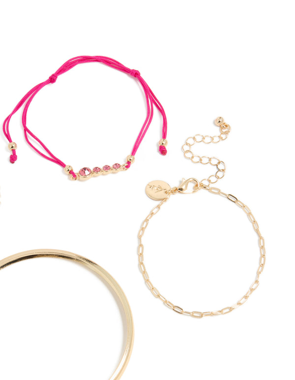 Gold Clover & Hot Pink Cord Bracelets 4-Pack