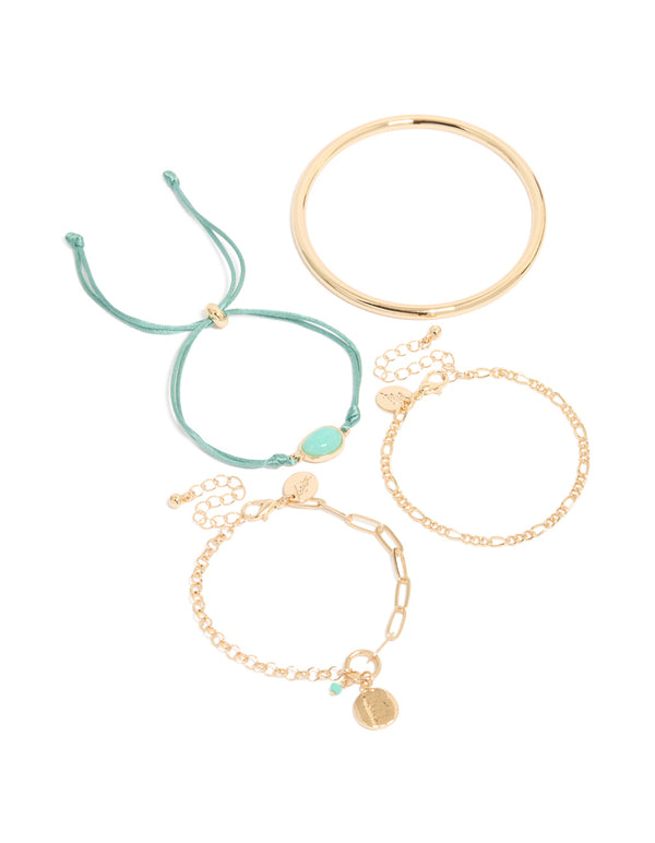 Gold Turquoise Stone Bangle & Cord Bracelets 4-Pack