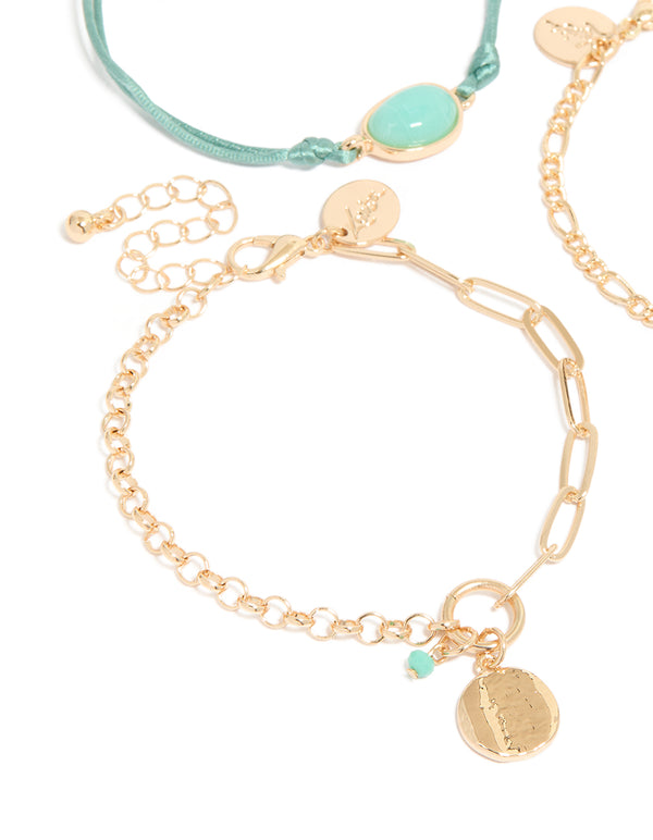 Gold Turquoise Stone Bangle & Cord Bracelets 4-Pack