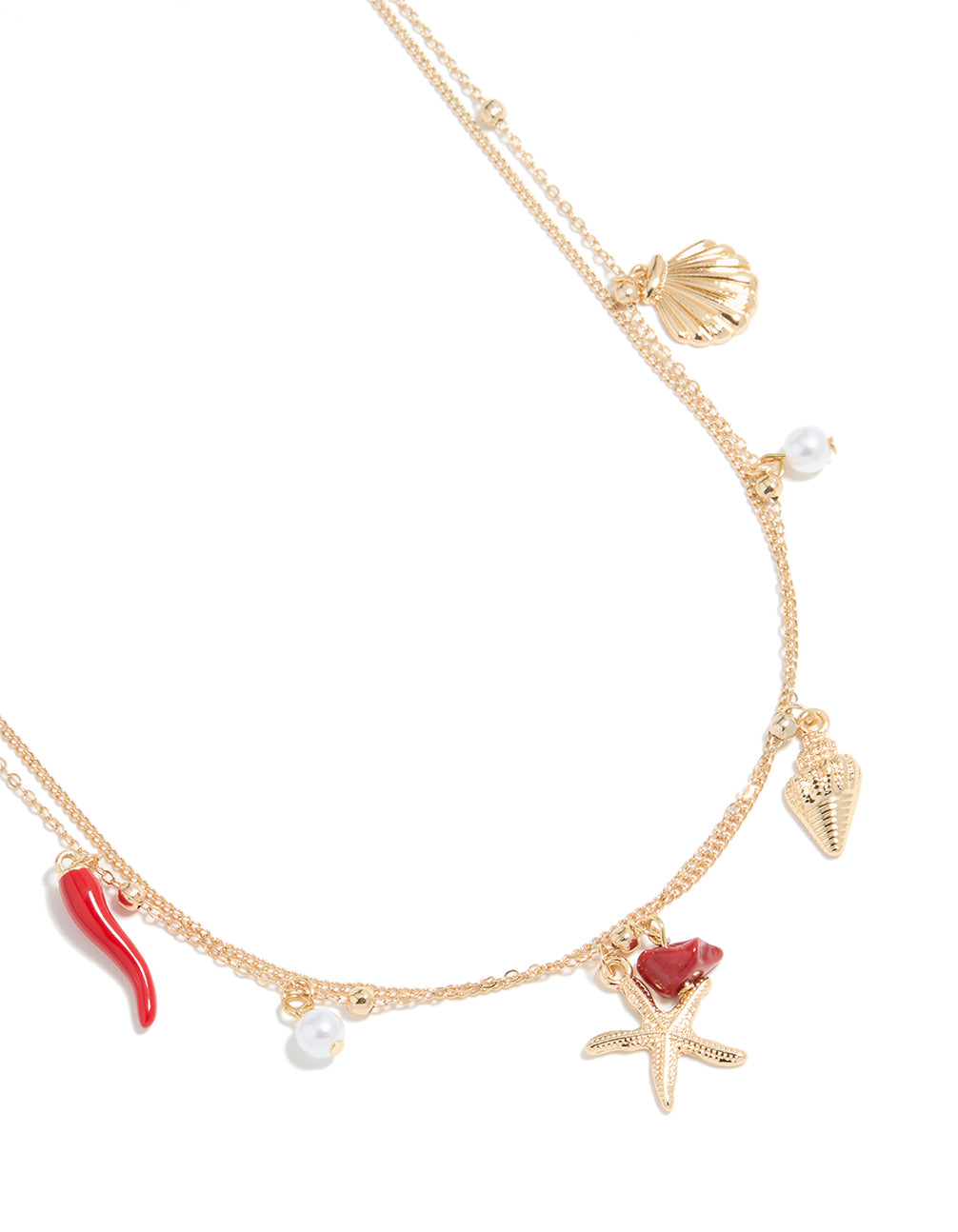 Crafted in gold, this ball and shell charm layered waist chain features pearl accents, embellished detailing, and an ocean-inspired design in detail view