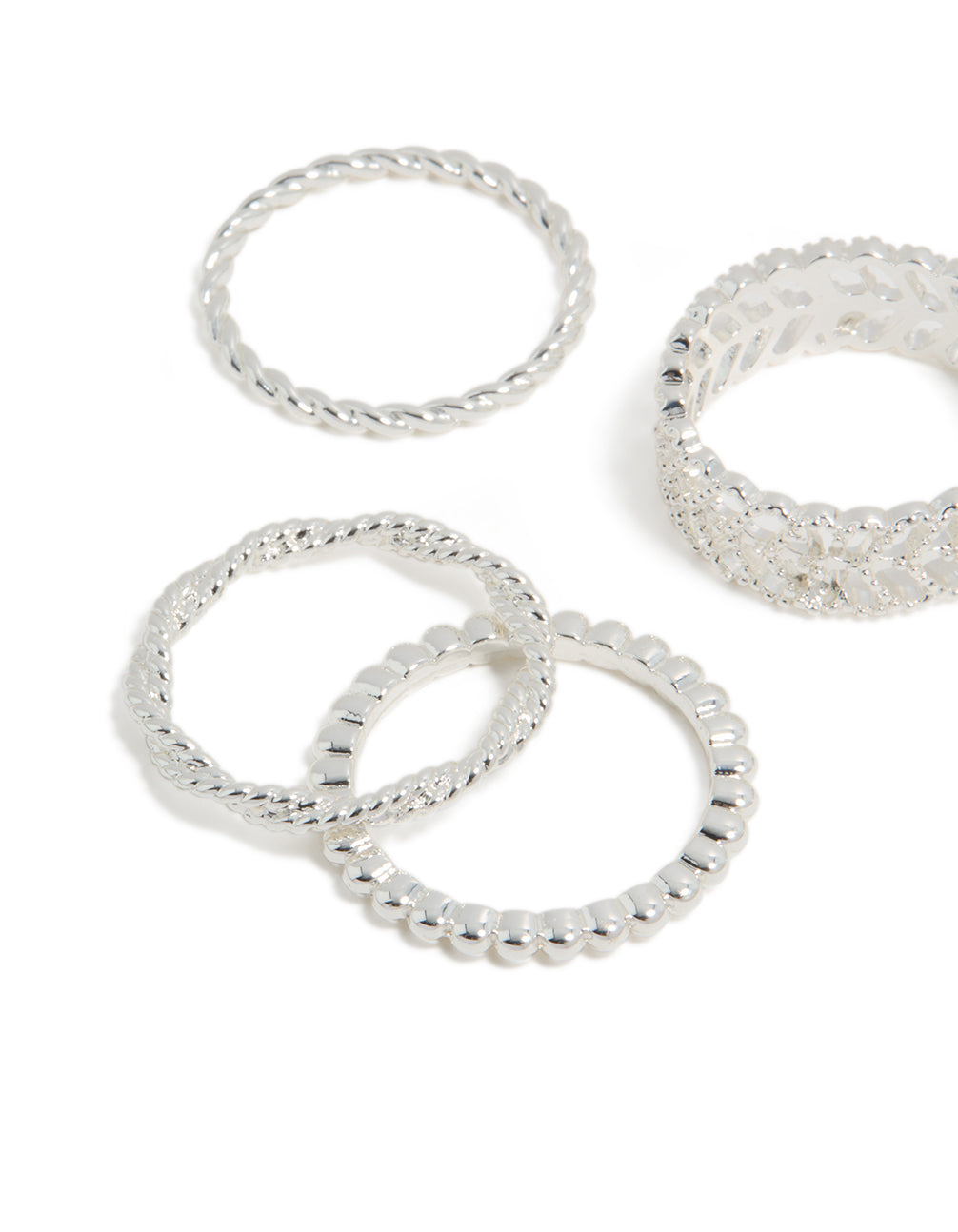 Featuring silver plated mixed texture rings 6 pack close up view
