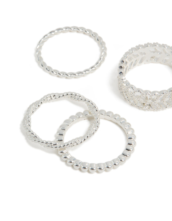 Featuring silver plated mixed texture rings 6 pack close up view