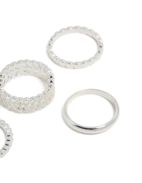 Featuring silver plated mixed texture rings 6 pack close up view