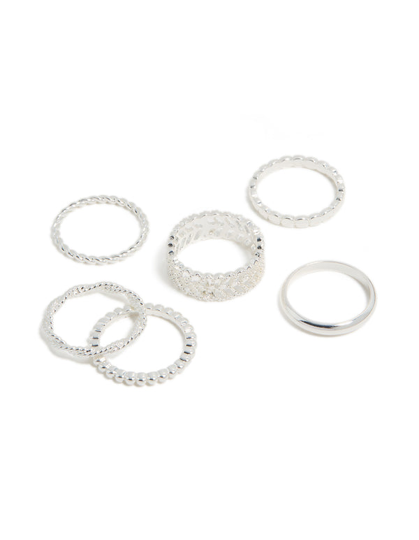 Showcasing a silver plated mixed texture rings 6 pack front view