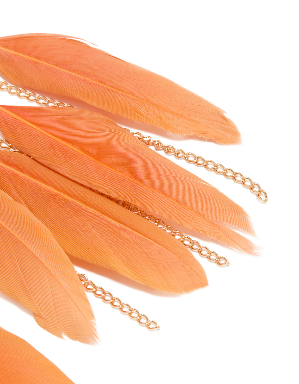 Featuring statement drop earrings with coral feathers and gold chain detailing in post detail view