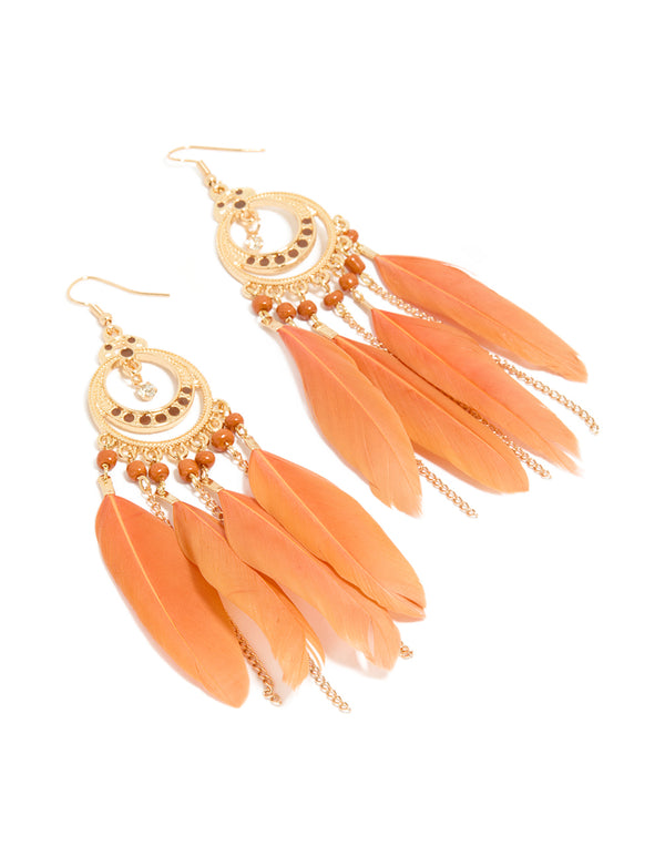 Gold Celestial Boho Orange Feather Drop Earrings
