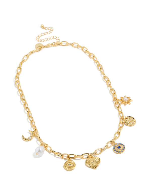 Gold Plated Pearl Celestial & Heart Charm Necklace