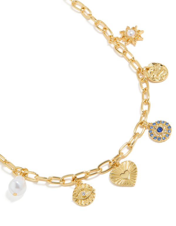 Gold Plated Pearl Celestial & Heart Charm Necklace