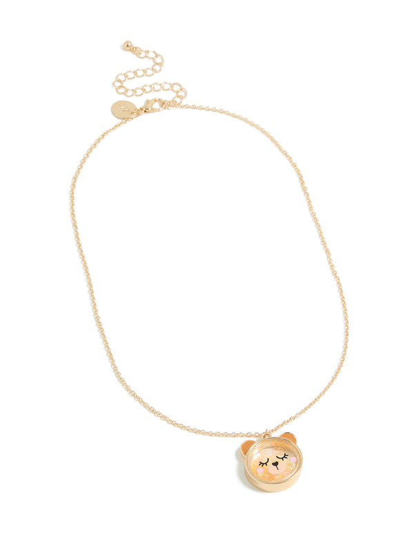 Explore this kids necklace with animal bear pendant in gold plated metal front view