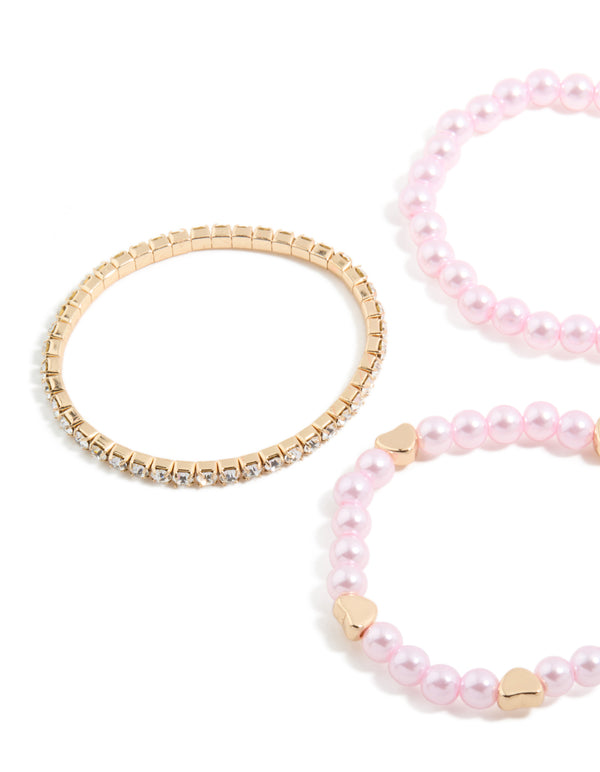 Kids Beaded Pearl & Heart Stretch Bracelets 5-Pack