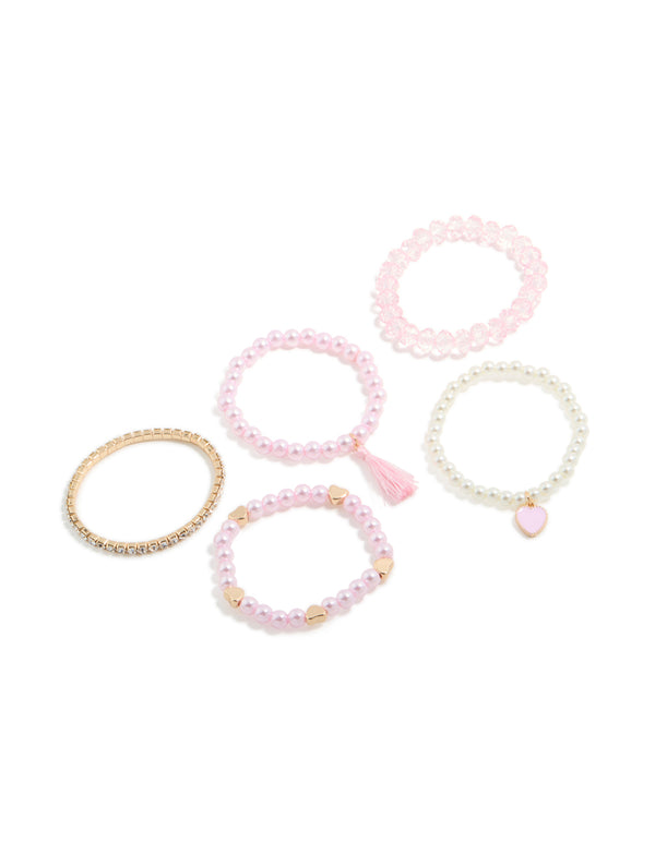 Kids Beaded Pearl & Heart Stretch Bracelets 5-Pack