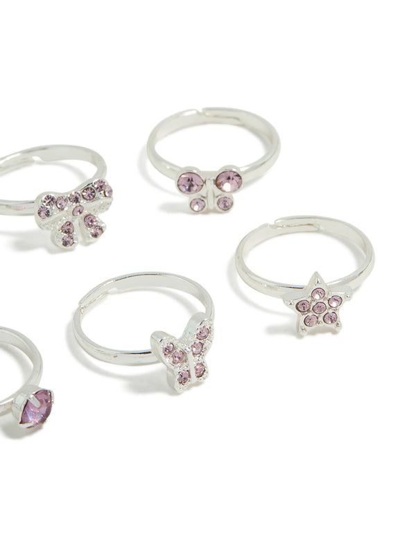 Designed with bow, pearl and butterfly details in silver with pink and plum tones post detail view