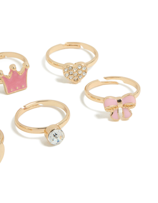 Designed with kids glitzy love and princess crown rings 6-pack in bow, heart and script in gold side view