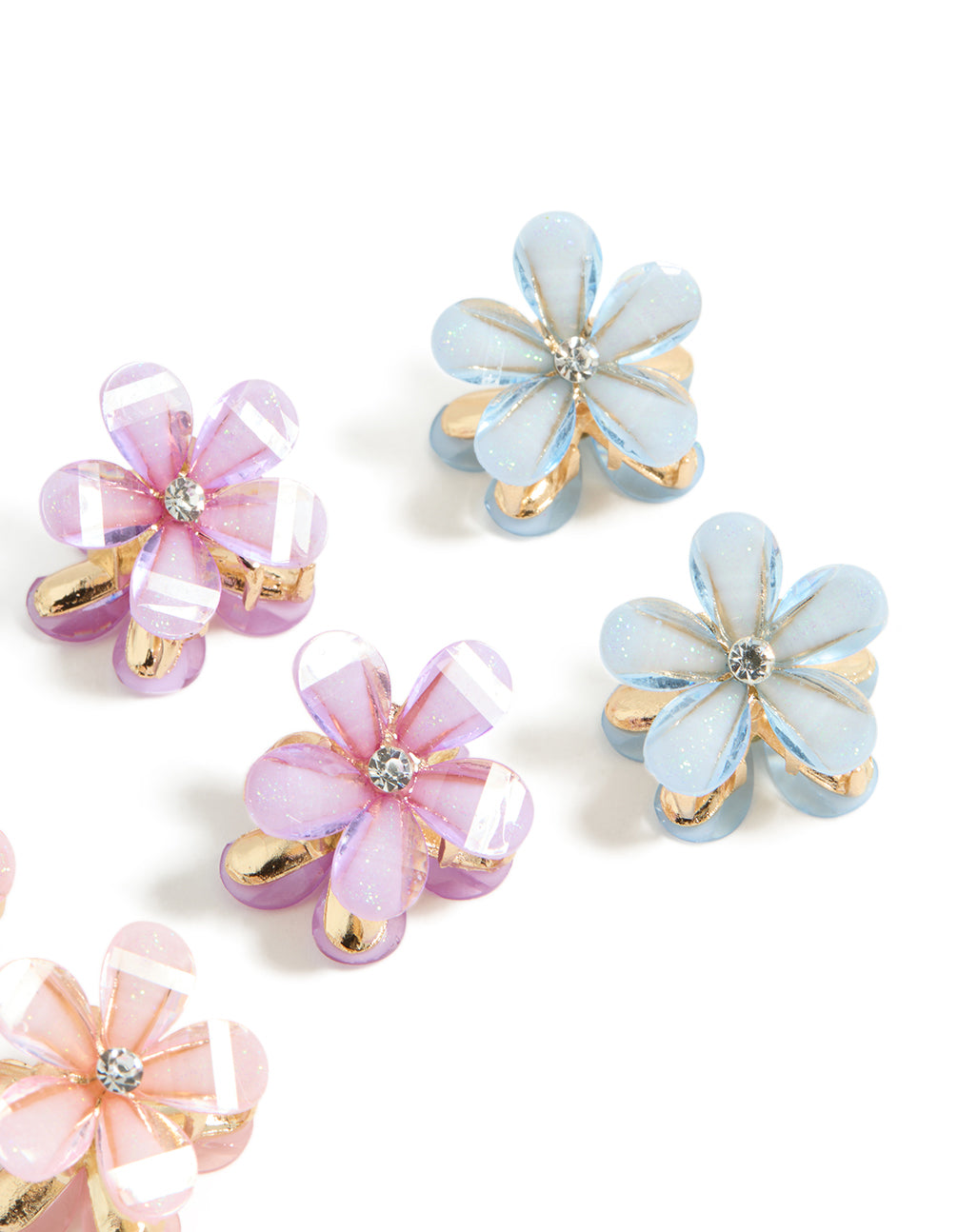 Featuring kids gold pastel diamante flower claws 6-pack with glitter in pink, light blue, and lavender side view