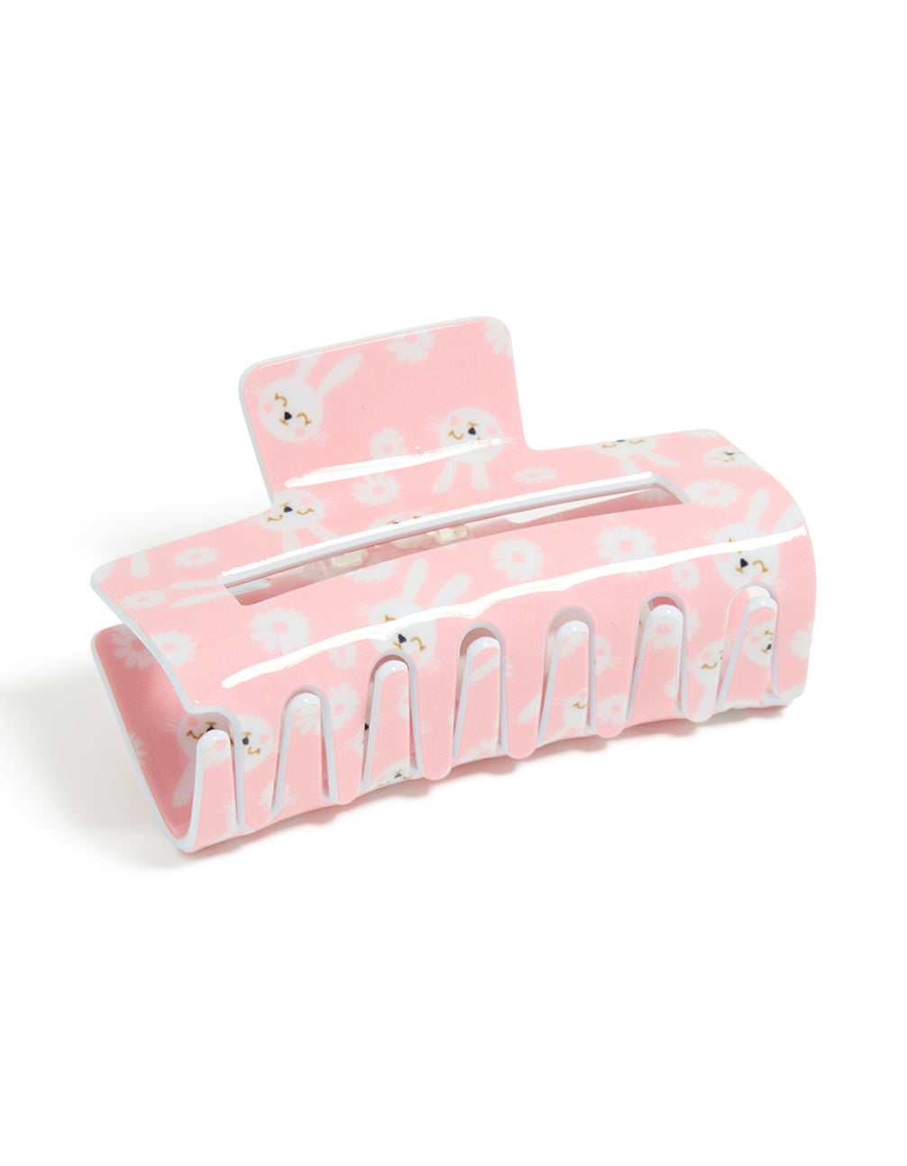 Beautifully crafted kids pink acrylic bunny print claw clip featuring floral and animal details with white and gold accents front view