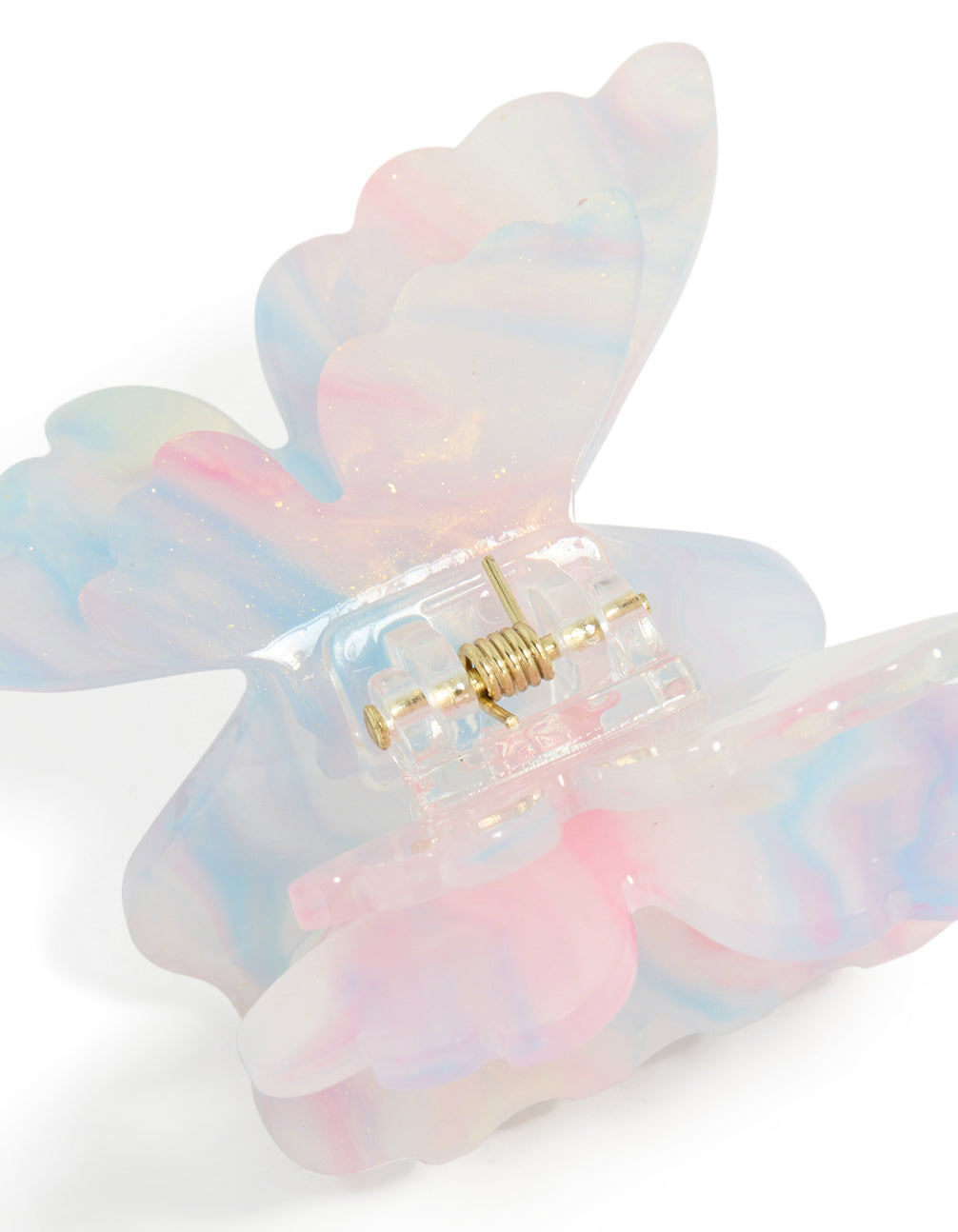 Designed with kids pink blue white ombre acrylic double butterfly claw clip featuring glitter detail view