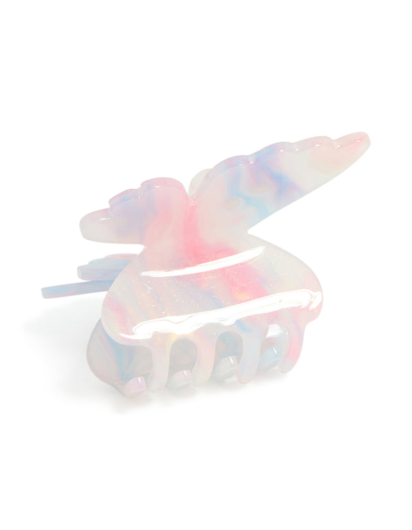 Showcasing kids pink blue white ombre acrylic double butterfly claw clip with glitter front view