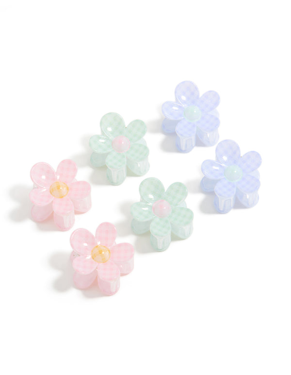 Discover kids gingham print claw clips 6-pack featuring glitter and floral design in light pink, light blue, mint cream, peach puff front view