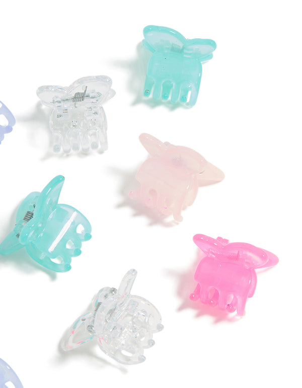 Crafted with butterfly accents in light pink, lavender, aqua, and silver, this kids pastel claw clip 10-pack is shown in detail view