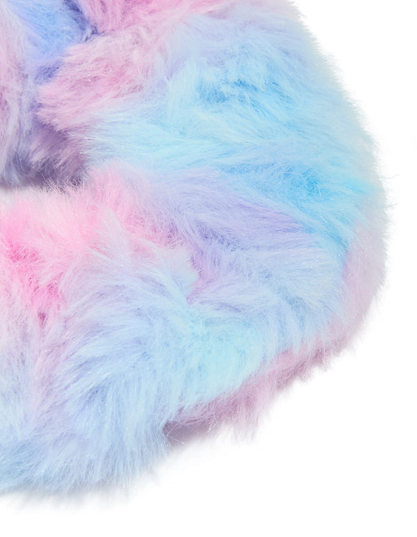 Crafted with tie-dye design, this kids ombre fluffy scrunchie showcases lightpink lightblue lavender and aqua tones side view