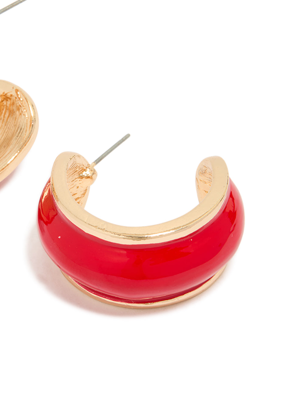 Designed with mini chunky statement hoop earrings in red and gold post detail view