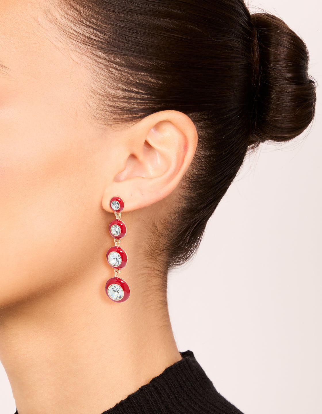 Gold Clear Diamante & Red Enamel Circle Drop Earrings