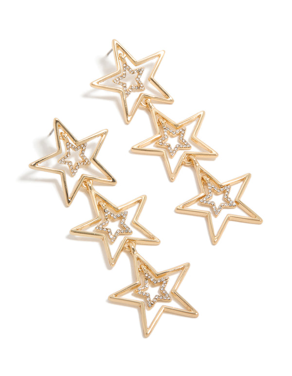 Showcasing statement drop earrings with celestial star design in gold featuring diamante accents front view