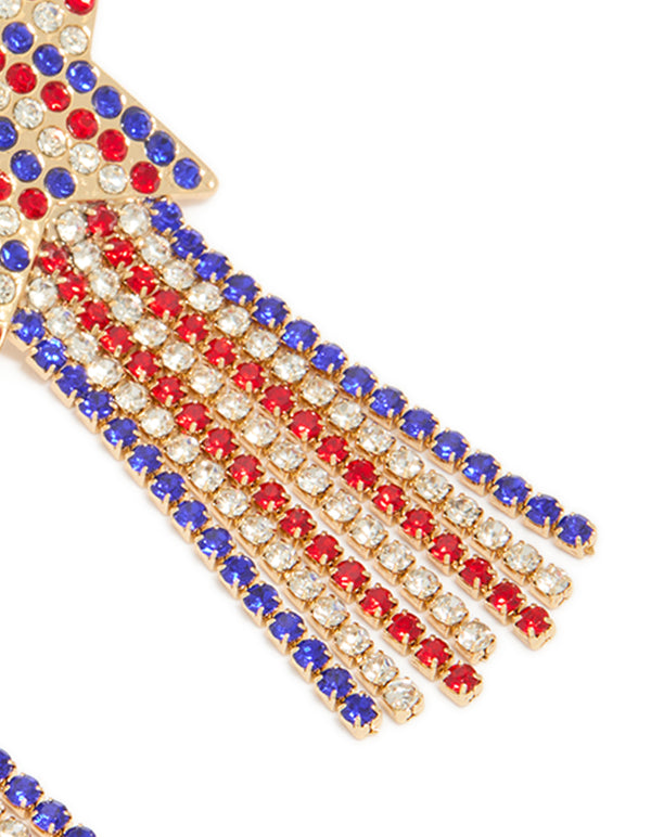 Gold Red Clear & Blue Diamante Cup Chain Star Drop Earrings