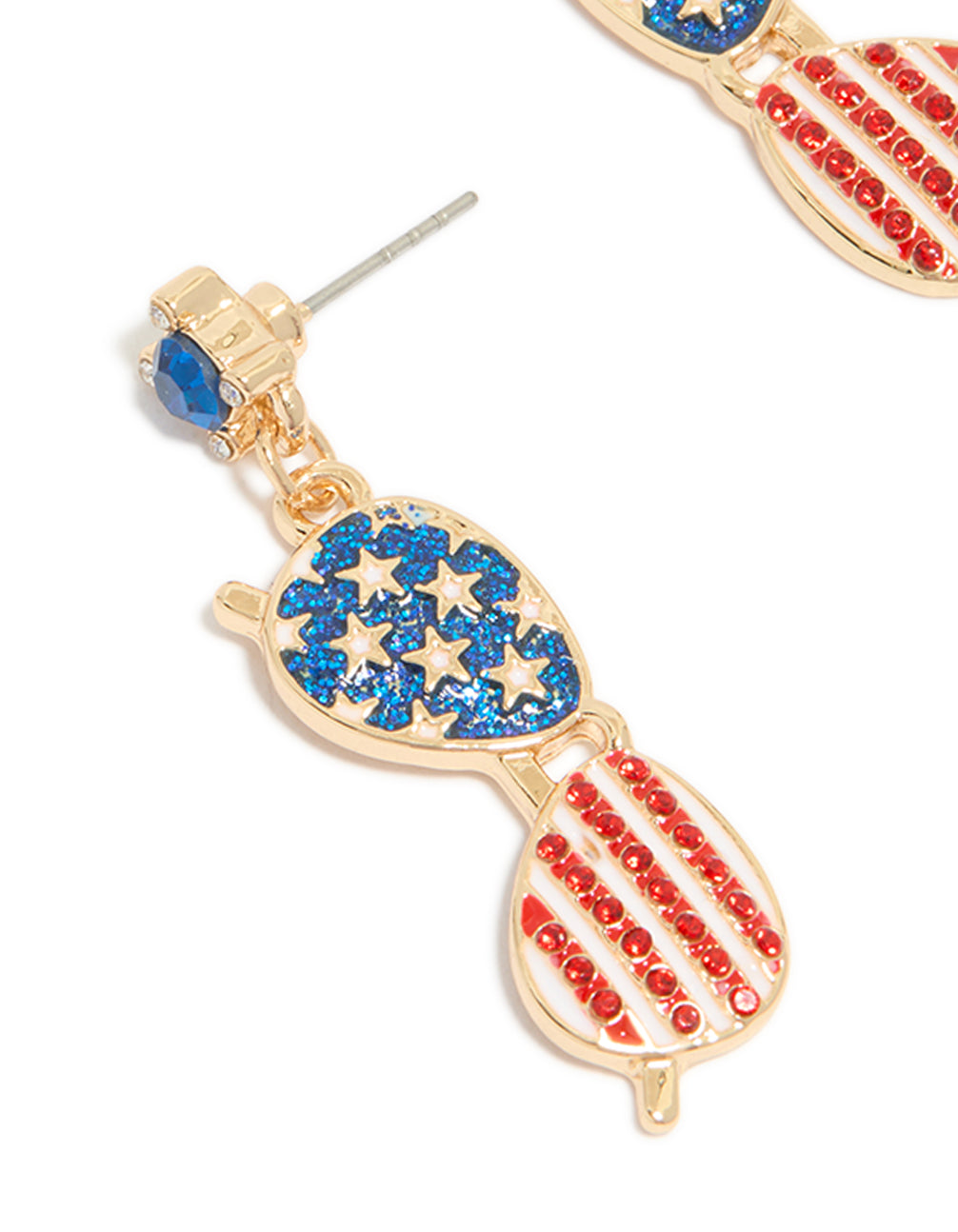 Designed with Gold USA Sunglasses Drop Earrings in statement style featuring glitter accents across blue, red, and white close up view