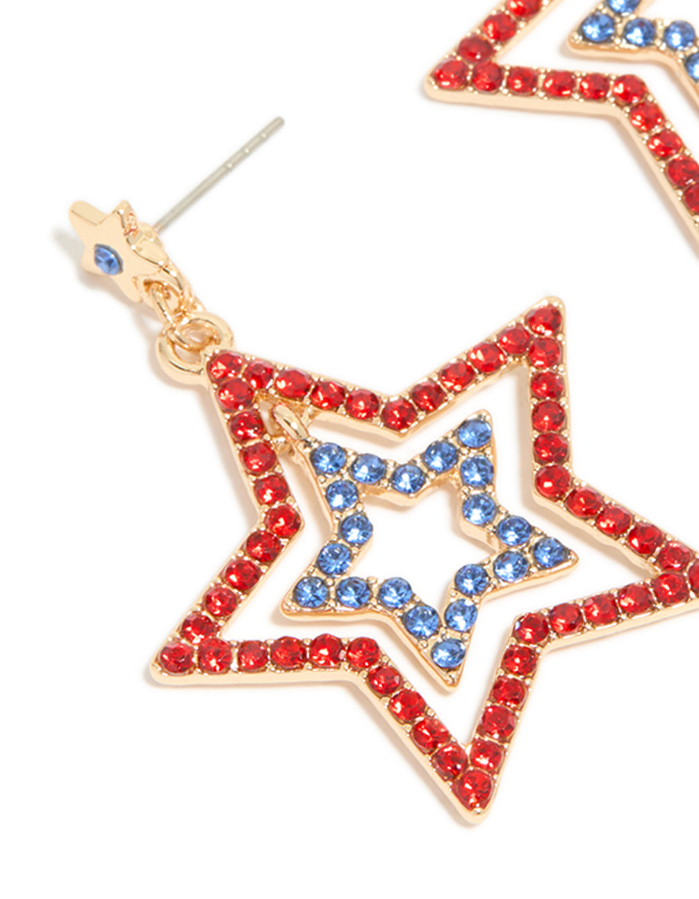 Presenting statement drop earrings with triple star design featuring celestial motifs in red, royal blue, and gold close up view