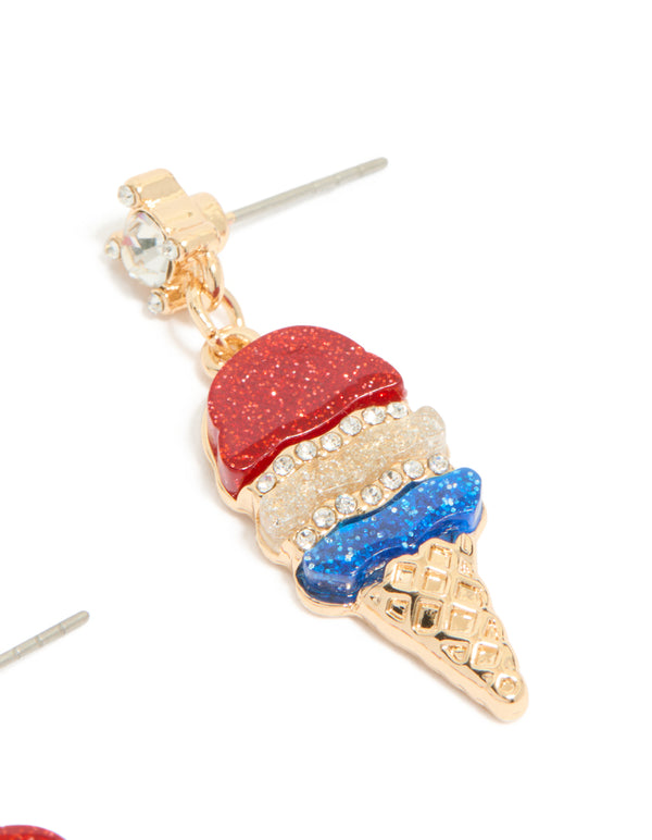 Crafted from gold these statement drop earrings featuring food ice cream cone design in red blue and white glitter post detail view