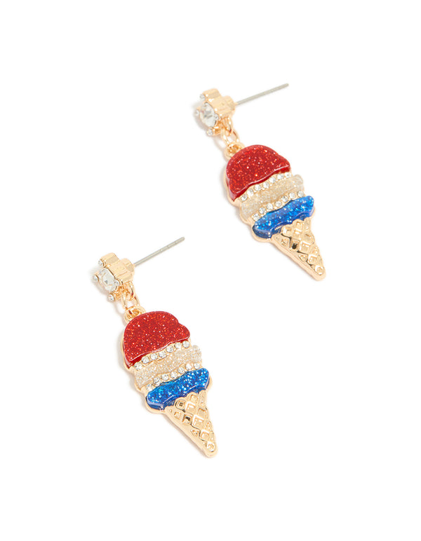 Showcasing statement drop earrings featuring food ice cream cone design in red blue and white glitter front view