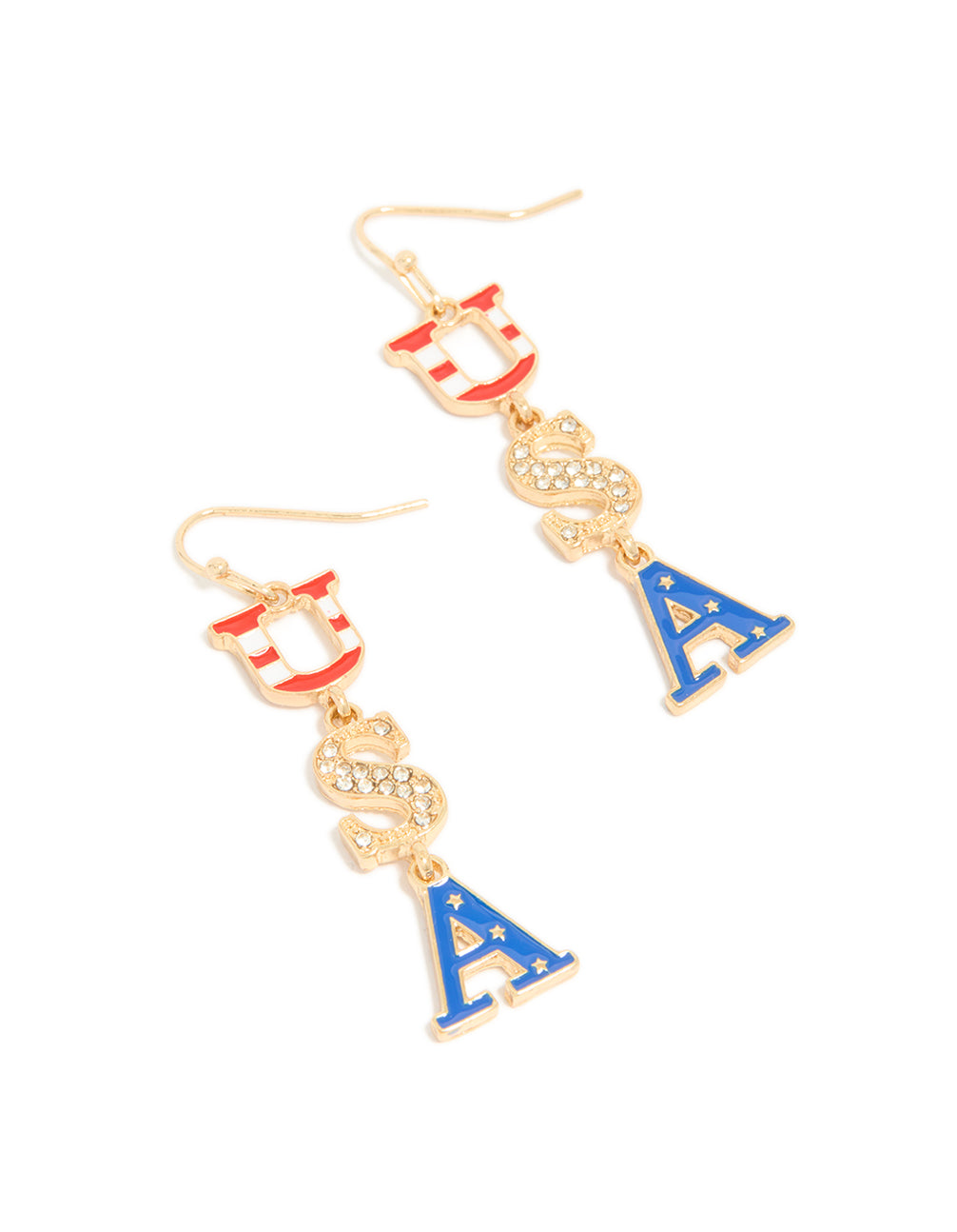 Beautifully crafted gold USA drop earrings featuring initials with script accents in a statement style front view
