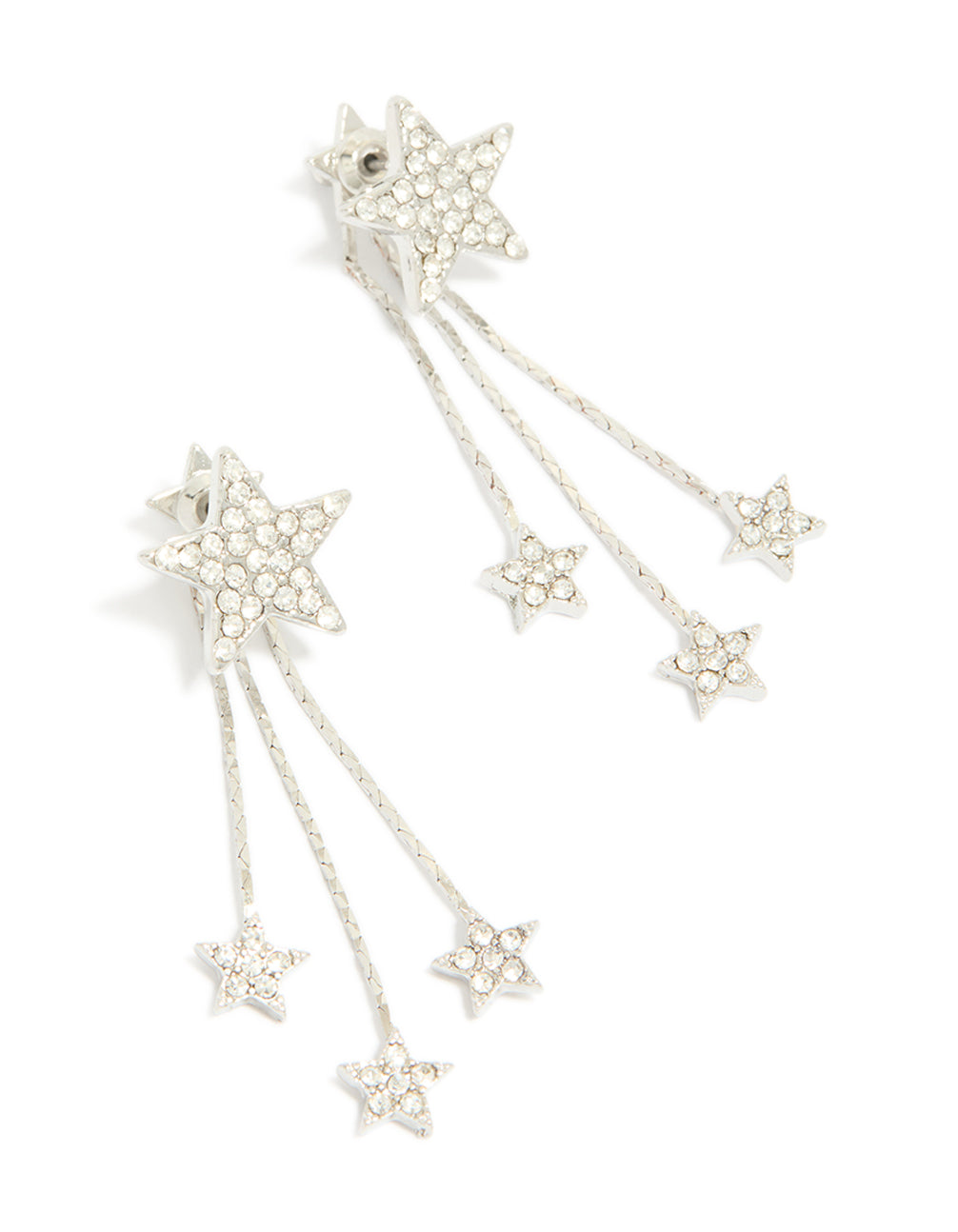 Showcasing silver multi star drop earrings with celestial charm featuring crystal embellishments front view