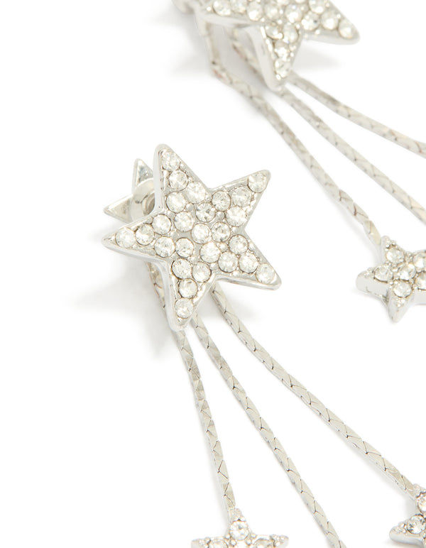 Beautifully crafted silver multi star drop earrings featuring celestial charm with crystal-studded design close up view