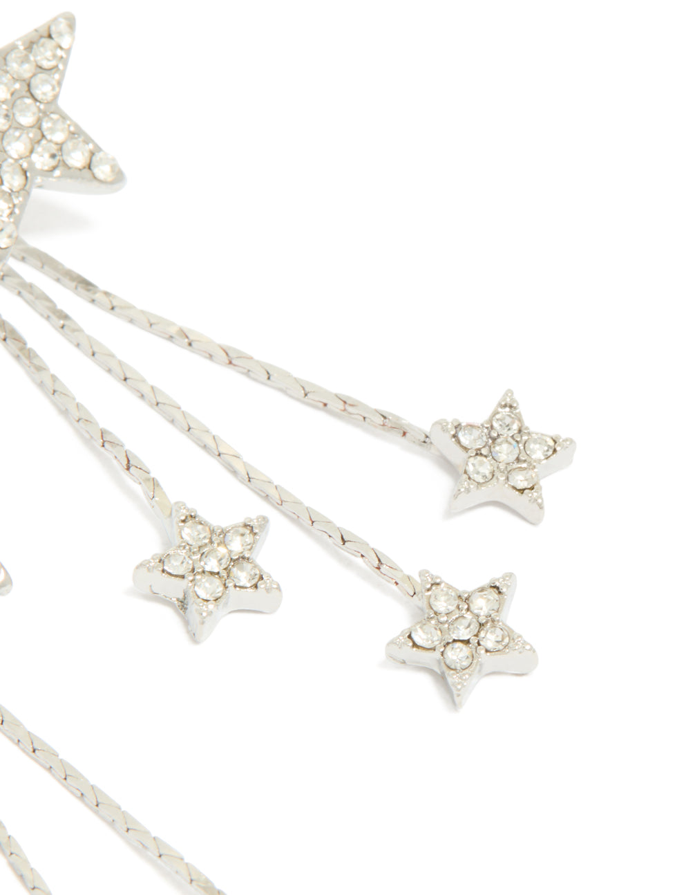 Highlighting silver multi star drop earrings with celestial charm and crystal post detail view