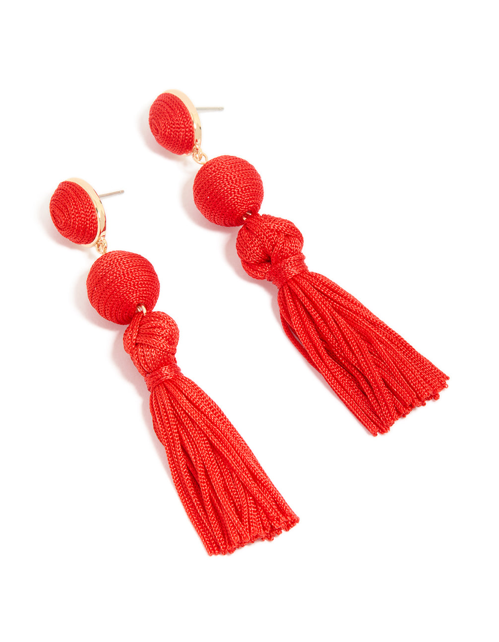 Showcasing statement tassel drop earrings featuring red fabric with gold accents front view