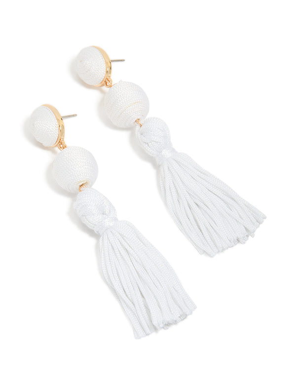 White Fabric Tassel Drop Earrings
