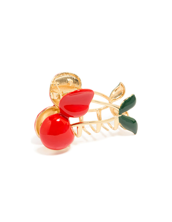 Stylish cherry claw clip featuring fruit and leaf details in solid gold side view