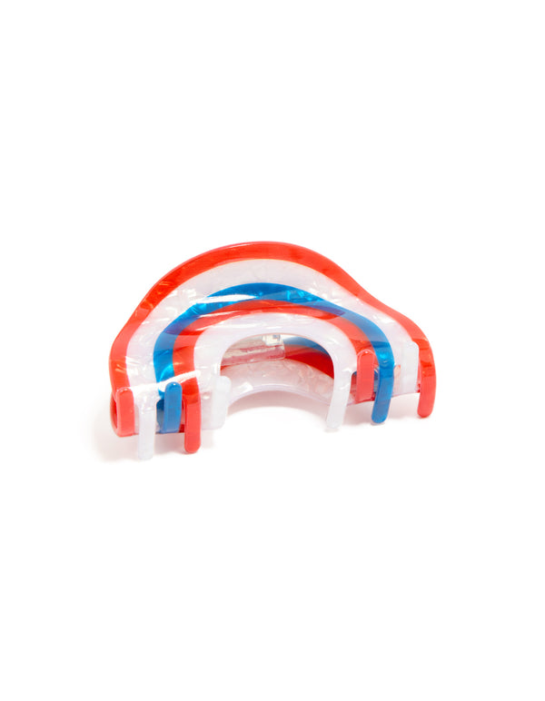 Featuring a striped arch claw clip in red, coral, and blue front view