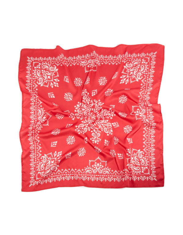 Elegant red paisley print fabric scarf features in white front view