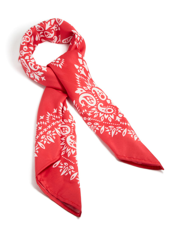 Showcasing a red paisley print fabric scarf details in white side view