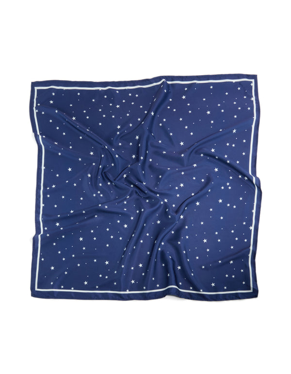 Beautifully crafted celestial novelty print fabric scarf in navy and white featuring star motifs front view