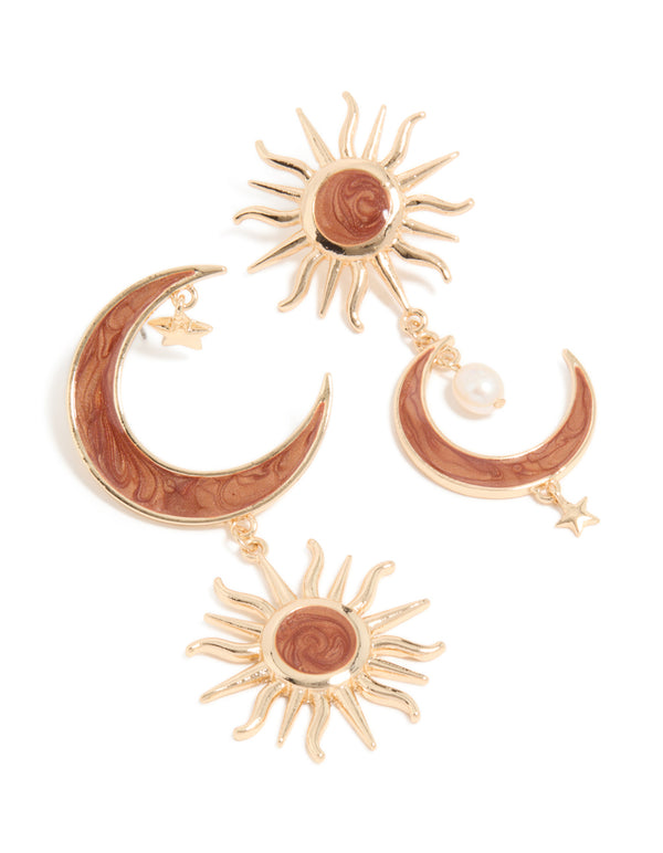 Showcasing gold celestial brown marble drop earrings featuring pearl, charm accents front view