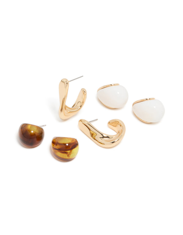 Showcasing gold brown acrylic and white stud earrings in a 3 pack front view